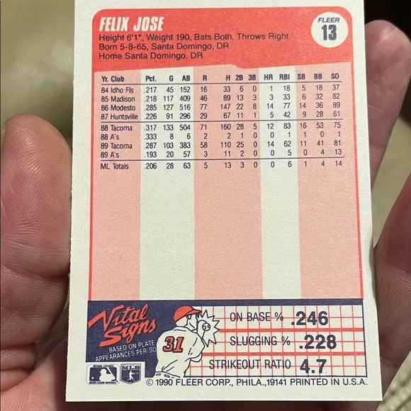 *Error*Fleer 90 Felix Jose ERROR Baseball Card.